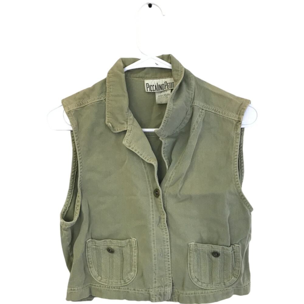 Piccalino Petites Olive Green Tank Vest Womens 8P Button Up Crop Cotton Vintage